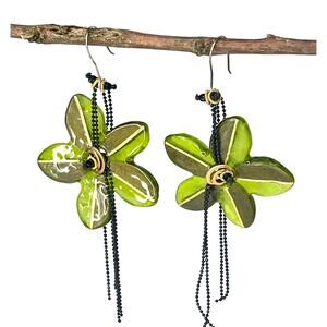 Lalo Flower Earrings Green Gold Acrylic Resin Black Ball Chain Dangle Drop Vtg